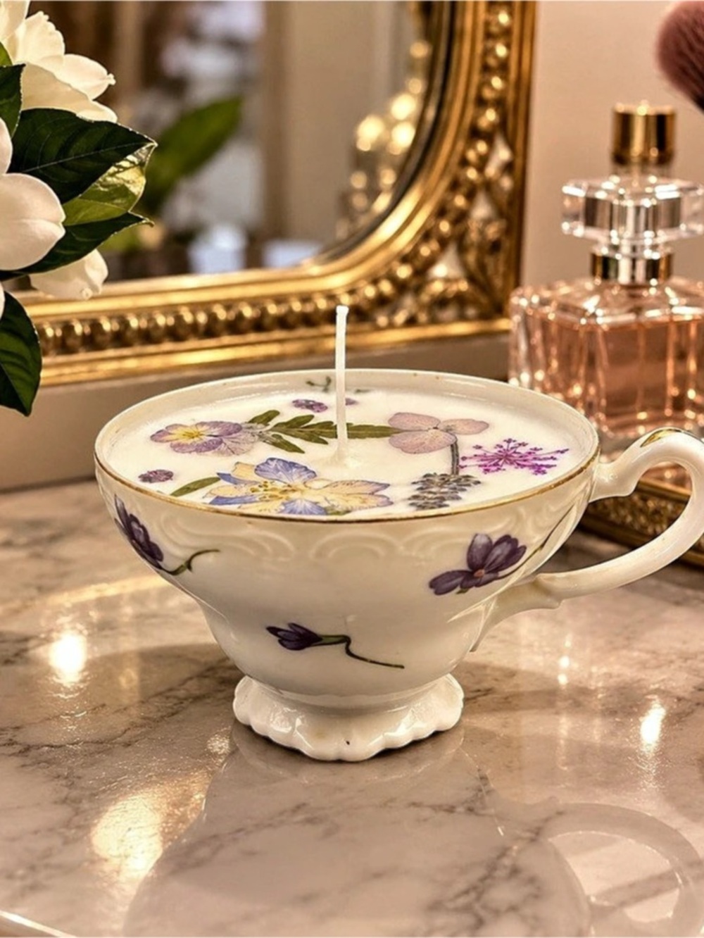 Gardenia Soy Candle in Vintage Floral Teacup with Real Pressed Flowers